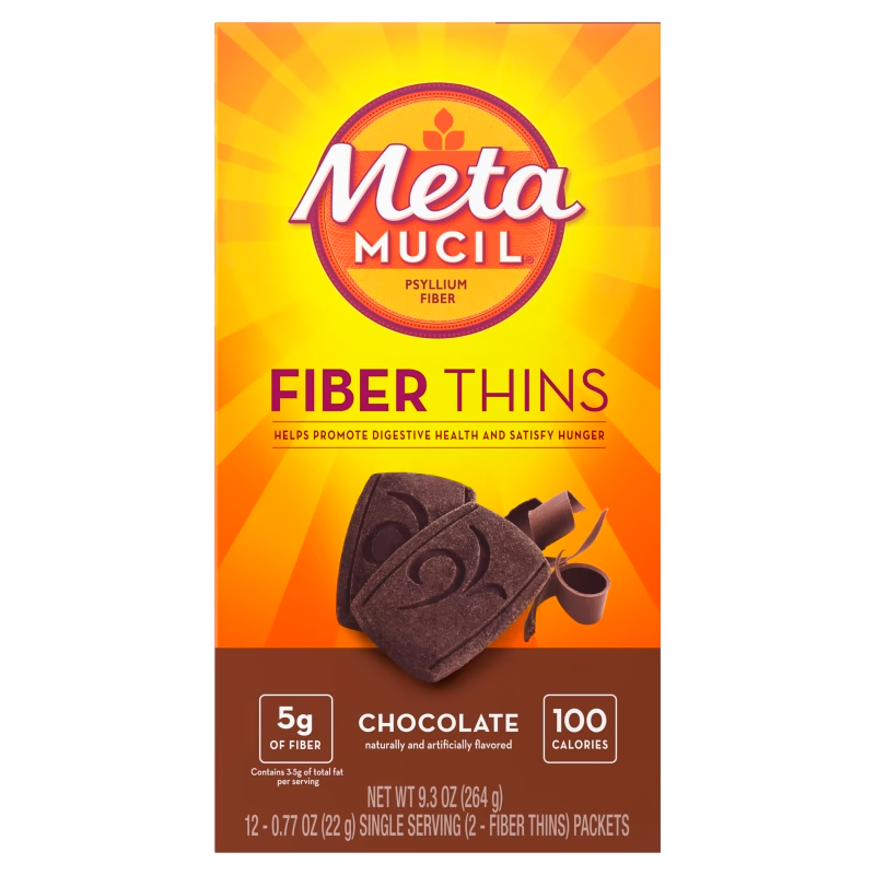 Metamucil 100% Natural Psyllium Husk Fiber Thins, Supplement for Digestive Health, Chocolate, 12 Ea